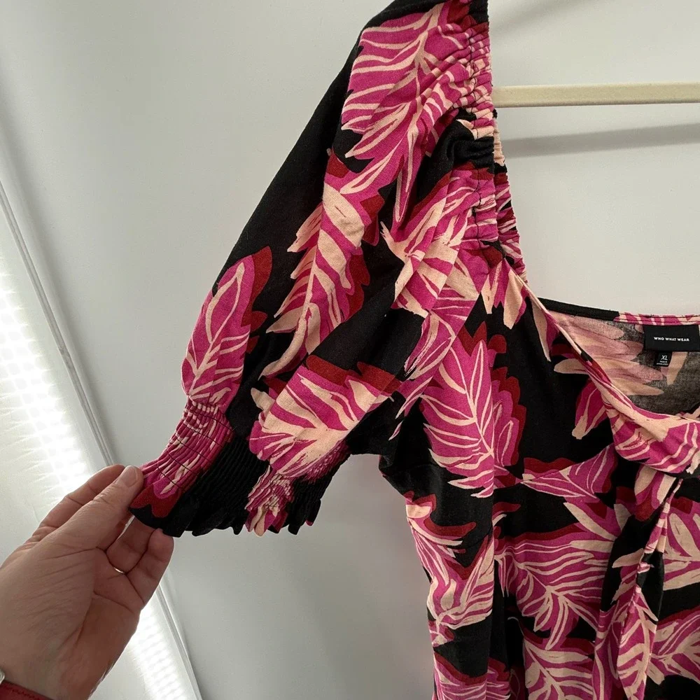 Who What Wear Pink Leaf Print Puff Sleeve Dress XL‎ Square Neck Tie Front